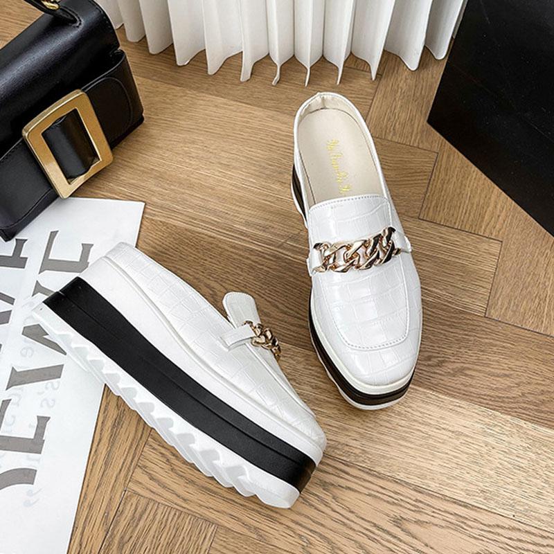 Women's Platform Mules Thick Soles Wedges Heel Fashion Slippers Casual British Leather Shoes 7cm High Heels Clogs Flatform Shoes