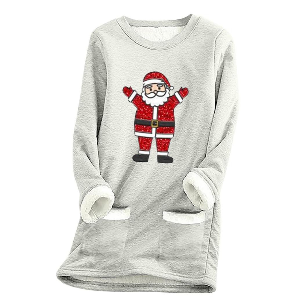 Ladies' Loose And Comfortable Round Neck Christmas Print Thick With Pockets Long Sleeved Top