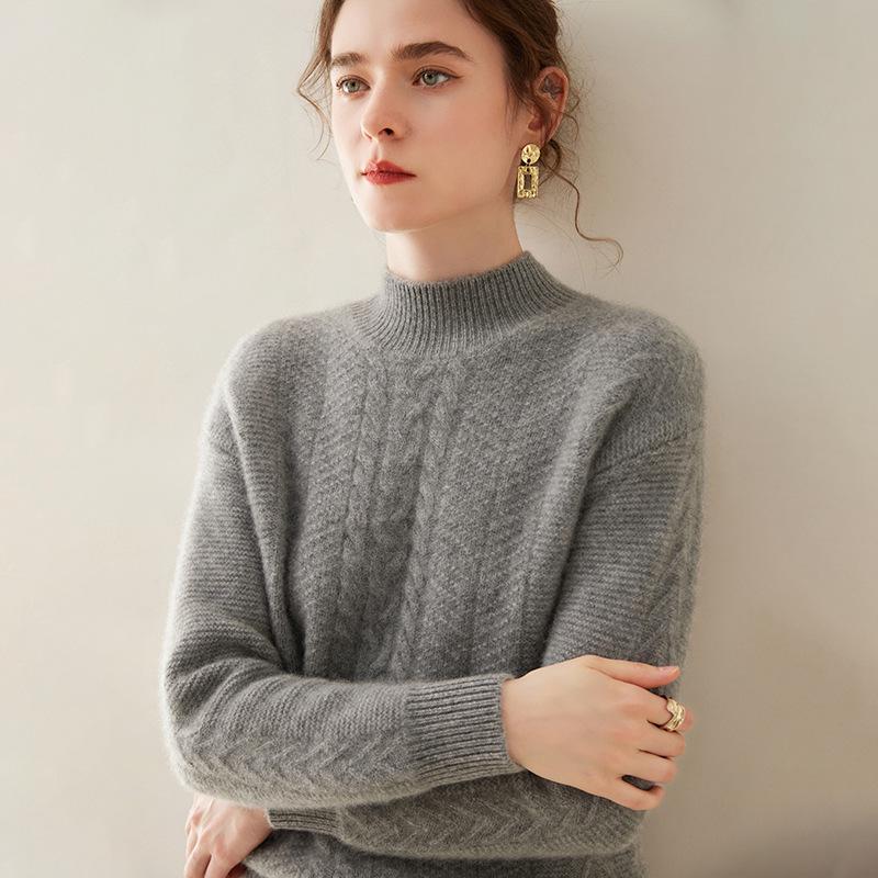 Women's Soft Cashmere Cable Knitwear - Semi-High Neck, Thickened for Autumn/Winter, Can Be Worn Alone or as a Commuting Base Layer