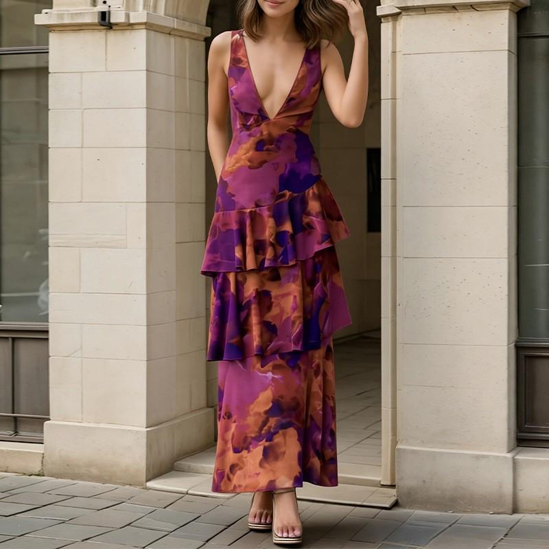 Elegant Floral Print Sleeveless High-Waist Tiered Maxi Dress Women 2026 Small пурпур