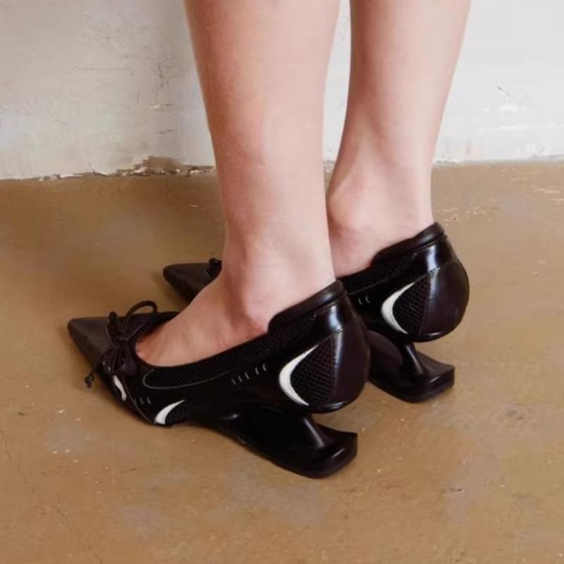 Fashion New Pointed Irregular Suspended Heel Shallow Mouth Single Shoe Butterfly Bow Mesh High Heels Temperament Imperial Style Tacones