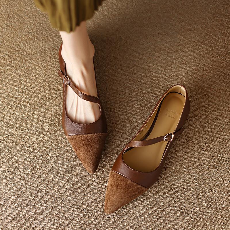 Vår Nye Ekte Skinn Damesko Retro Spiss Tå Pumps Skinn Ballerinas Sko Dame Hæler Dame Flatsko