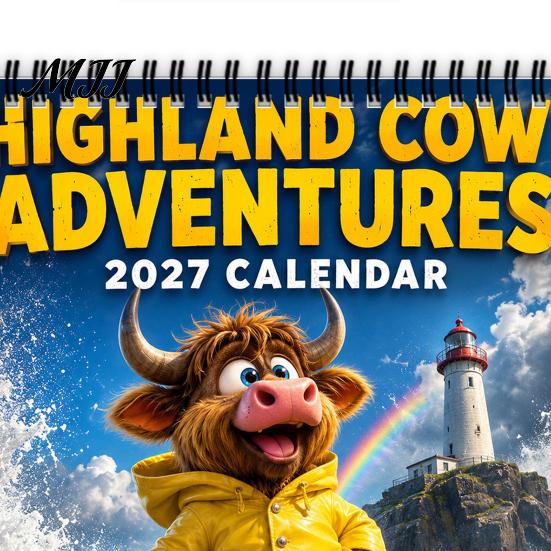 Large Grid Appointment Book 2027 Highland Cow Wall Calendar, 12-Month Adventure Themed Planner with Spiral Durable Coil Binding Calendar Binding,