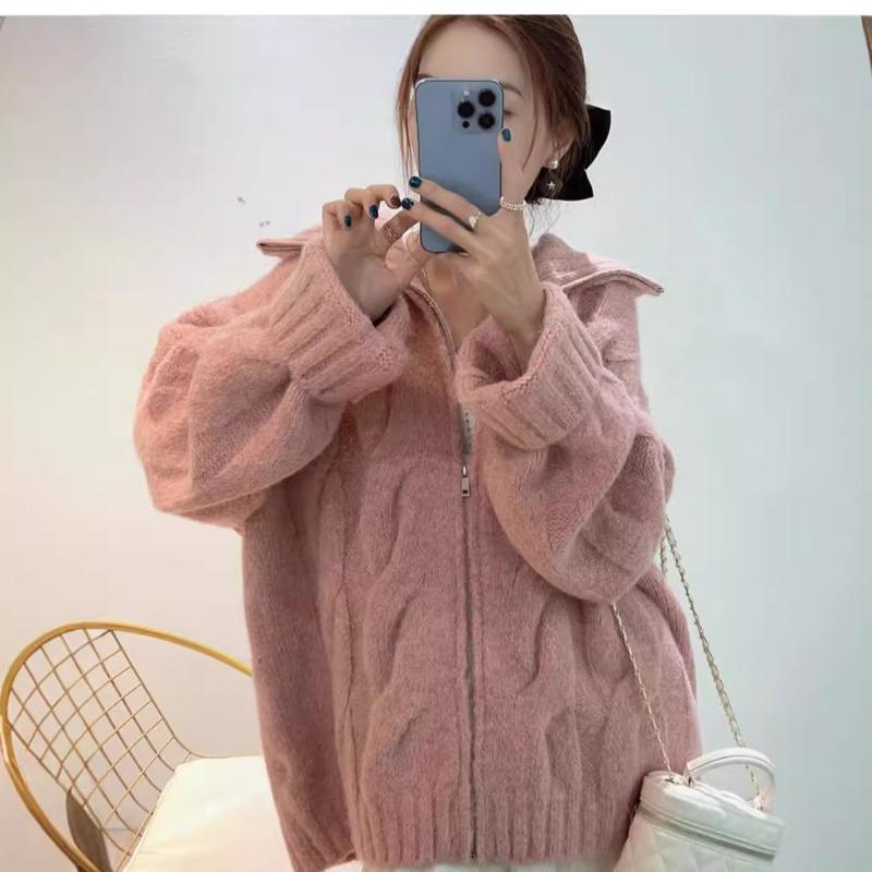 Autumn and Winter New Loose Zipper Retro Twist Knitted Cardigan Gentle Wind Soft Waxy Versatile Sweater Jacket Women