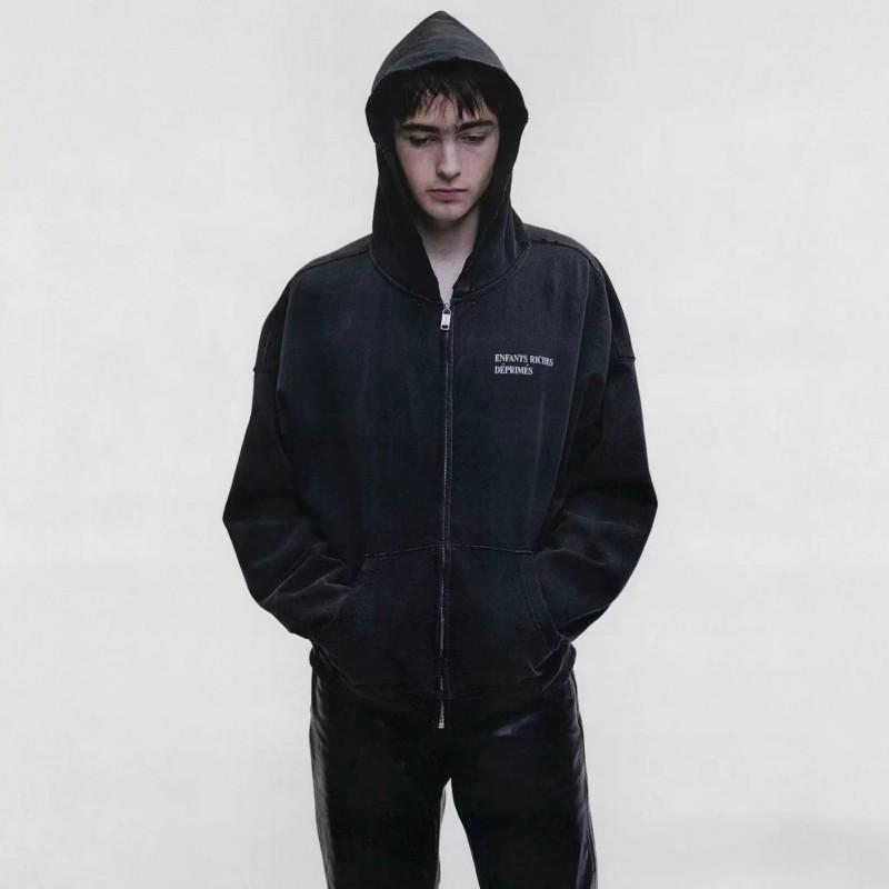 Classic Washed Vintage Zip-Up Hoodie Men Women - Oversized Cotton Sweatshirt With Embroidered