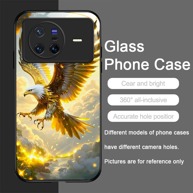 Stylish Eagle Golden Diamond Pattern Tempered Glass Phone Case for OPPO Reno 13 F 12 11 10 Pro Plus Find X8 X3 Lite A58 5G Cover