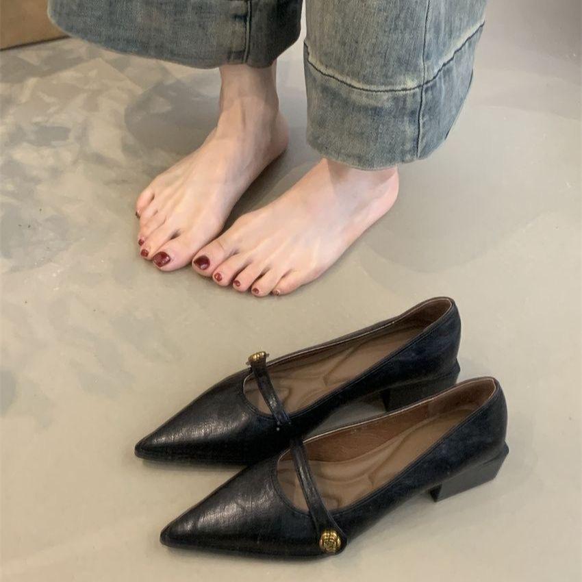 French Pointed Thick Heel One-pedal High Heels Spring Evening Commute Versatile Shallow Mouth Single Shoes