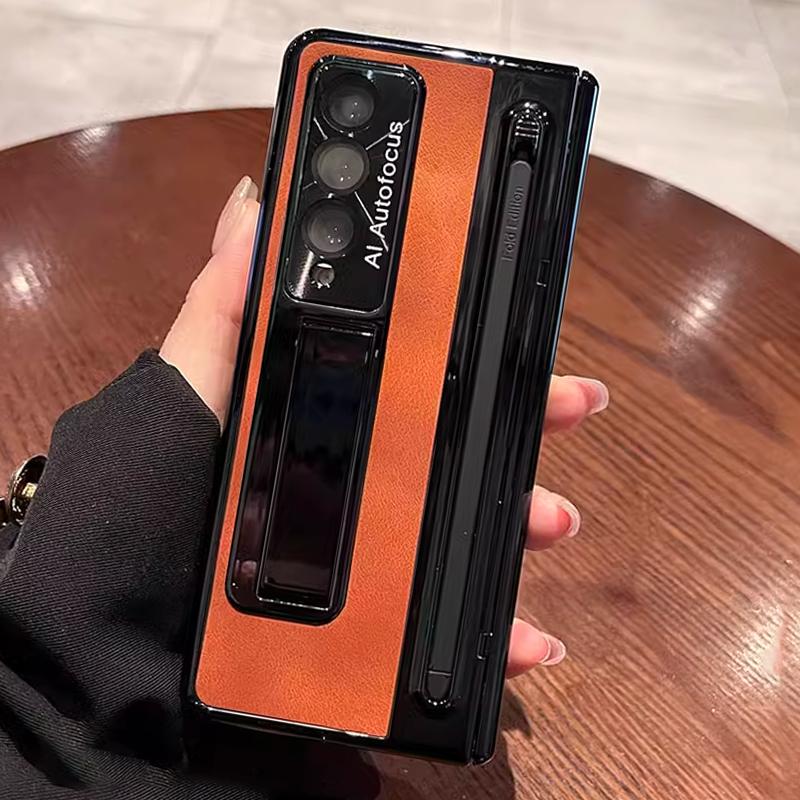 With S Pen Stand Leather Case for Samsung Z Fold 4 Z Fold 5 6 Hinge Case Screen Protective Film Pen Slot Cover