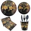 New Year Black Gold New Year Party Paper Plate Disposable Paper Cup Tissue Tablecloth Party Tableware Spring Festival Plate
