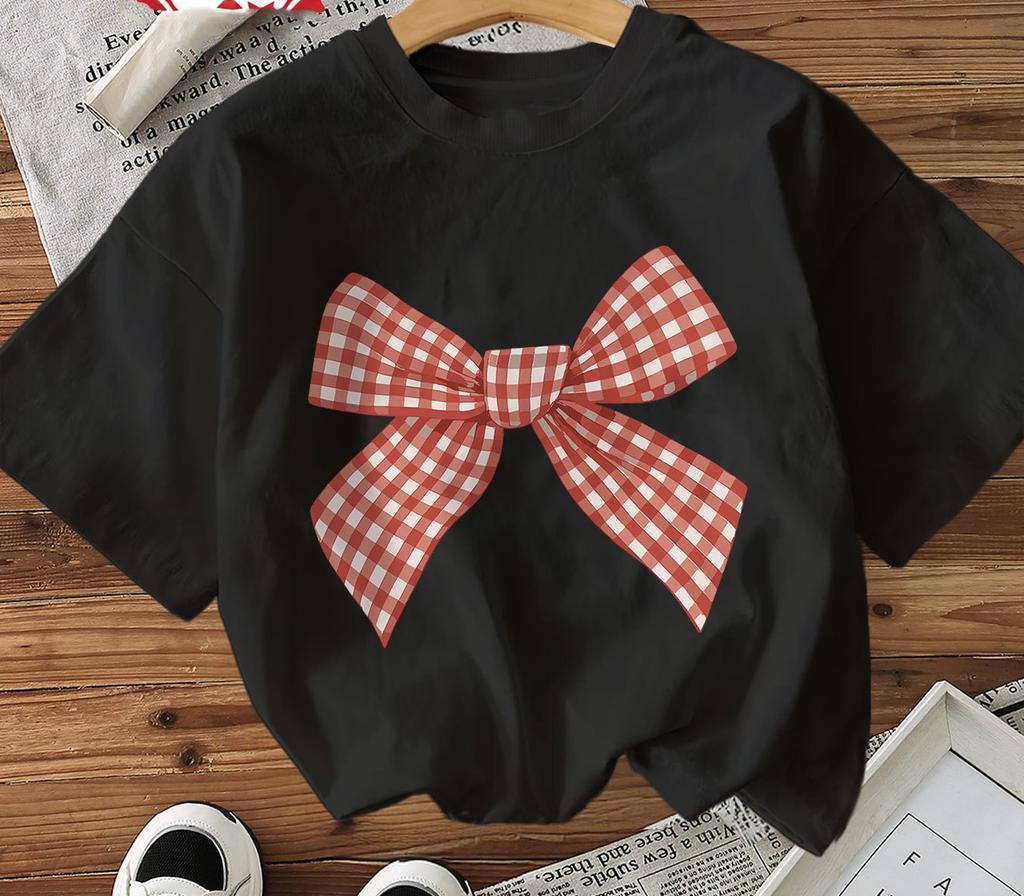 Womens Casual Short Sleeve Crew Neck TShirt Red White Gingham Bow Graphic Print Harajuku Short Sleeve Casual Aesthetic Clothes