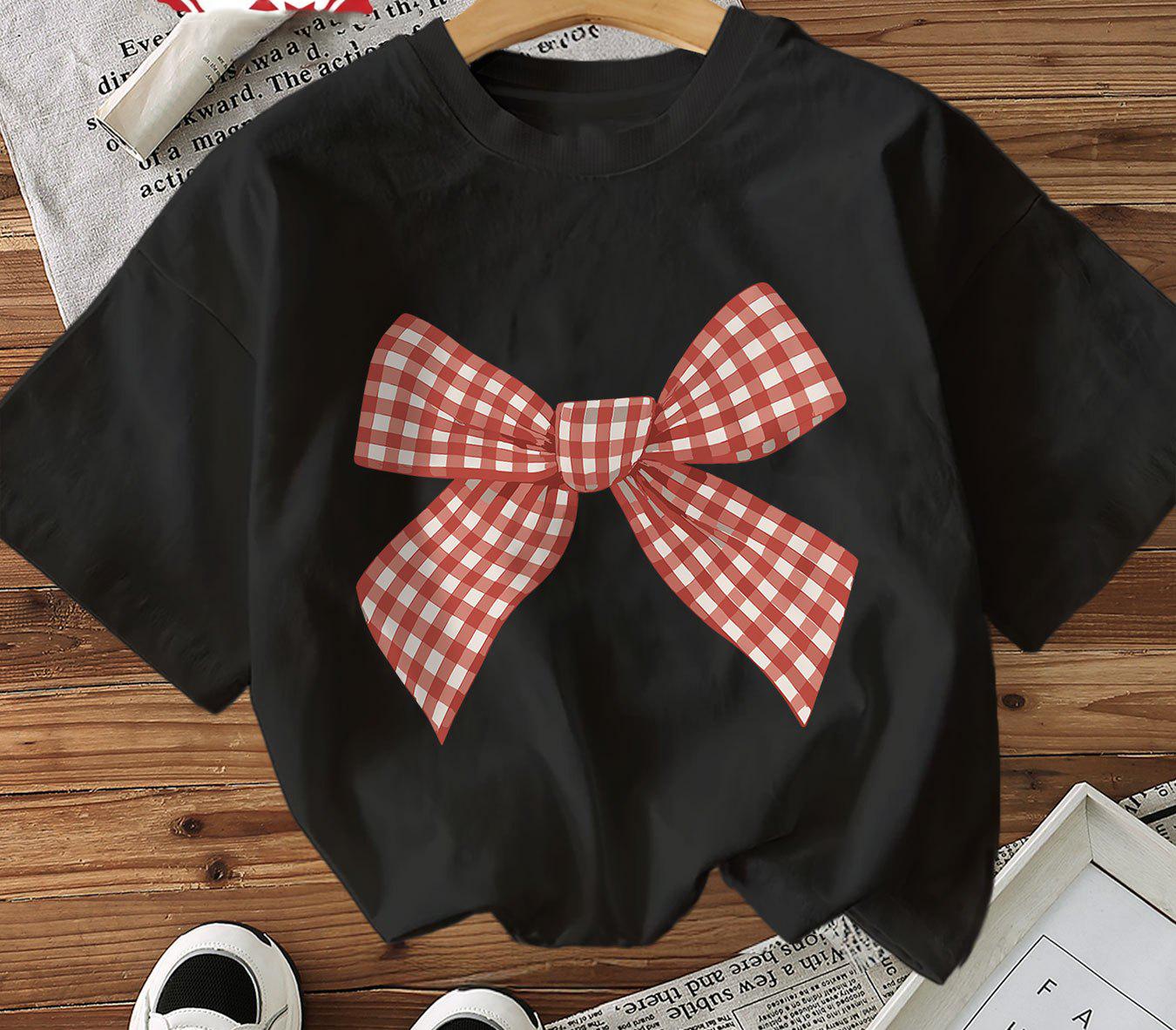 Womens Casual Short Sleeve Crew Neck TShirt Red White Gingham Bow Graphic Print Harajuku Short Sleeve Casual Aesthetic Clothes S