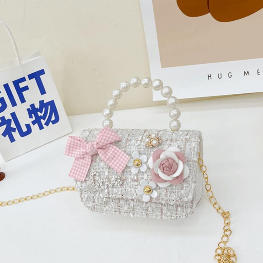 Fashion Synthetic Leather Princess Bag Pearl Decorated Handheld Pearl Handbag Children's Fashion Bag Girl