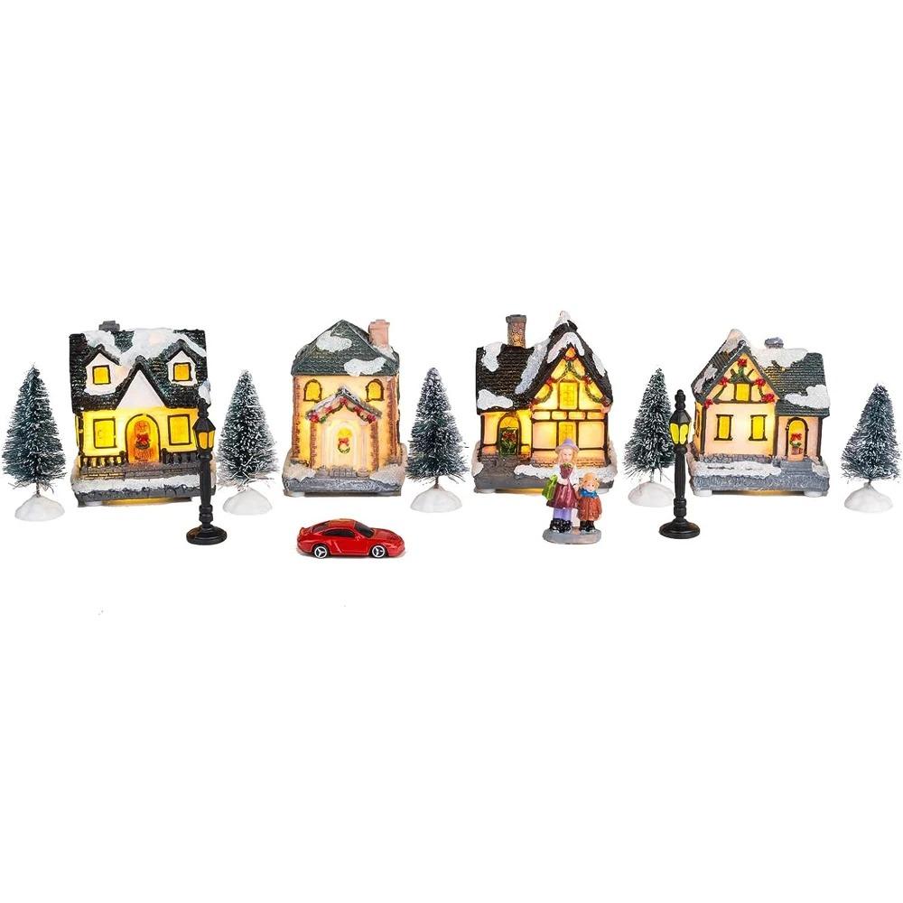 Christmas Village Houses Sets with LED Light, Christmas Town Scene Collection Figurines Building Sets Christmas Indoor Decor