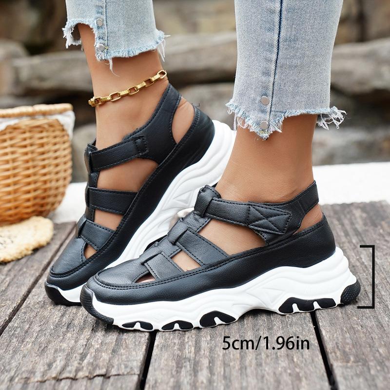 

Новые босоножки на танкетке большого размера, сумка-голова, полые, дышащие, маффины, толстая подошва, сандалии на липучке 36 чёрный