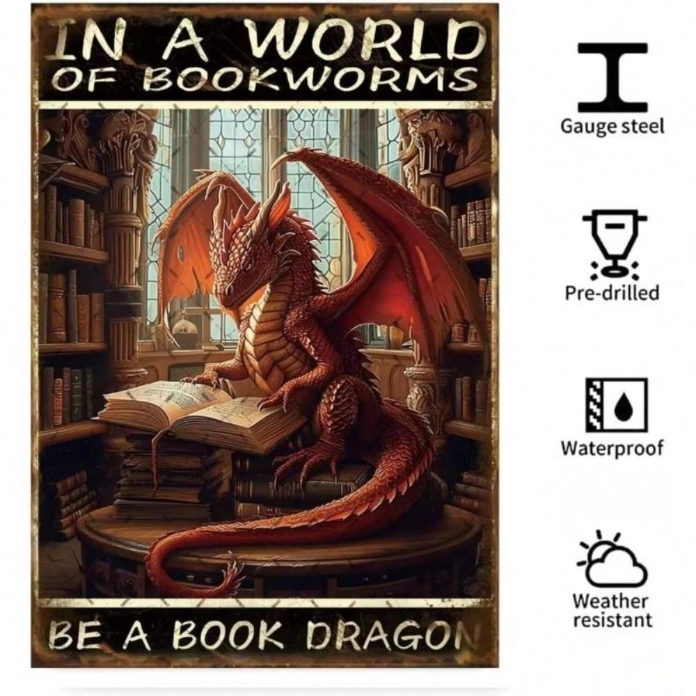 Vintage Book Dragon Metal Sign Retro Bar Home Wall Decor