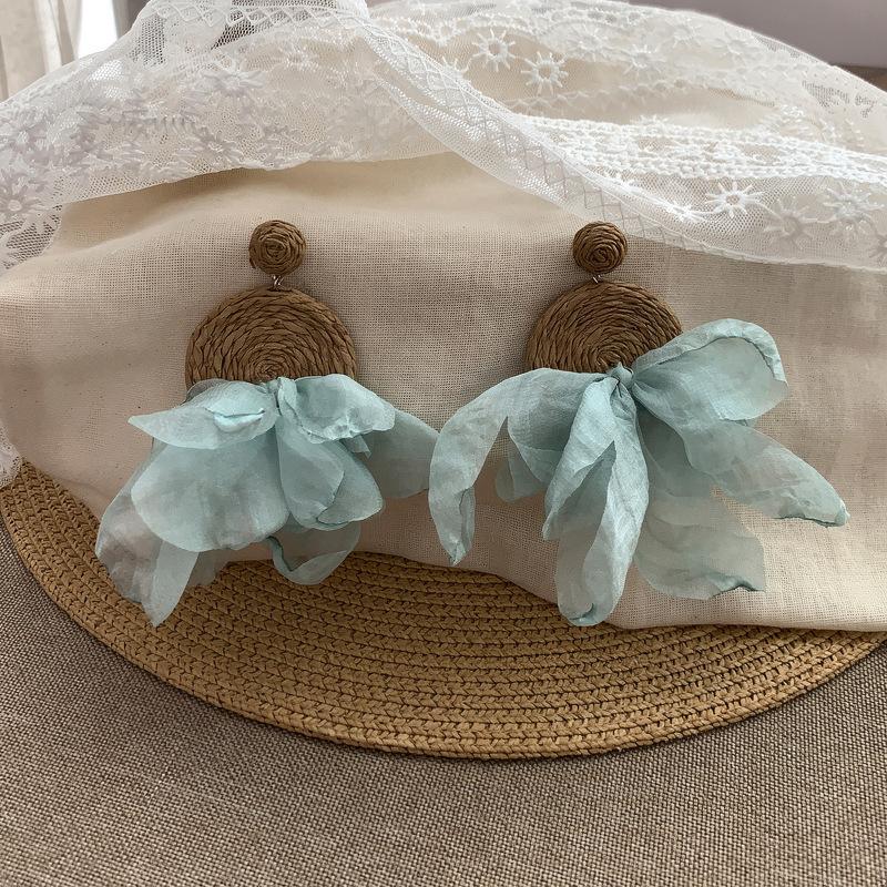Silver needle chiffon raffia fabric pendant earrings seaside vacation temperament earrings design sense niche earrings women