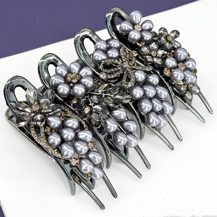 Fashionable Light Luxury High-end Rhinestone Pearl Clip Hairpin Women's Elegant Temperament Glass Black Gray Hairpin Strap