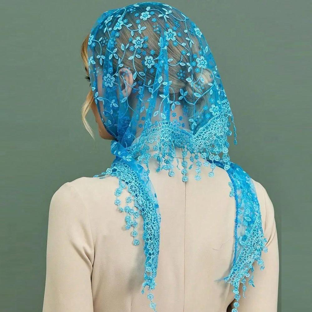 

Floral Printed Lace Triangle Scarf Embroidered Flower Tassels Scarves Simple Lace Shawl Women небесно-голубой
