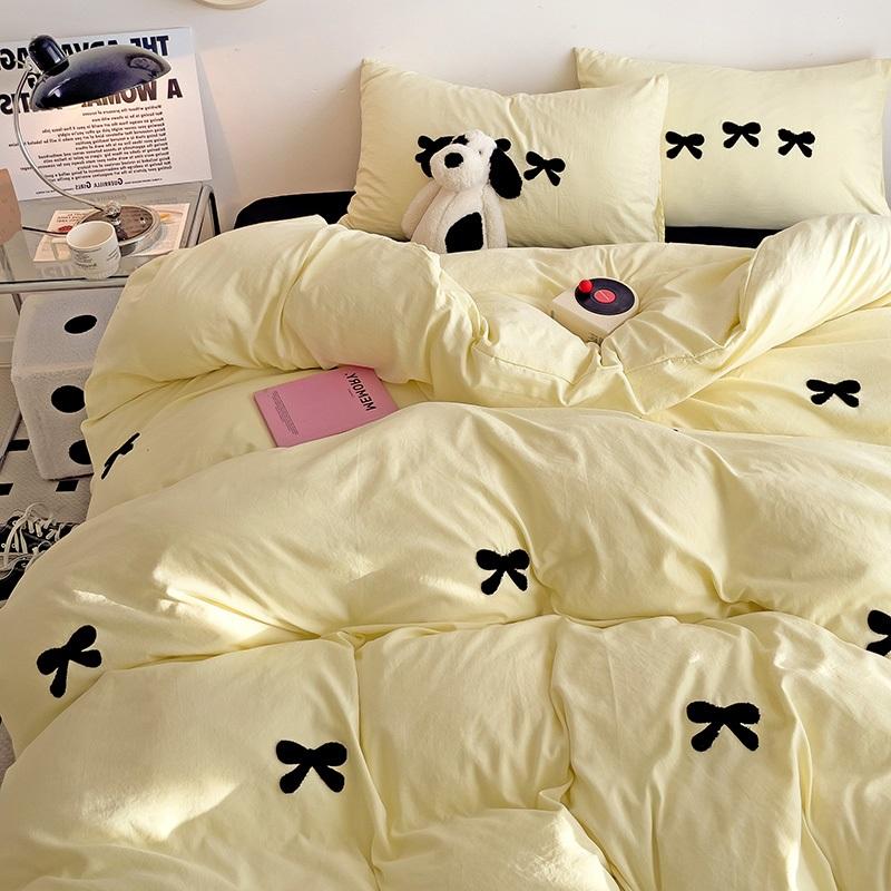 Black Bow Embroidery Duvet Cover 3 Pieces Set Girl Adult Bedroom Pink Decor Quilt Cover Solid Color Bedding with 2 Pillowcases