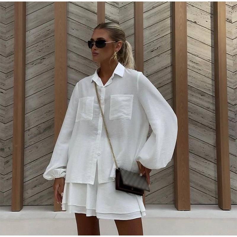 2024 Summer Women's Long-sleeved Tops Ruffled Shorts Casual Fashion Suits