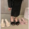 New Summer Transparent High Heels Fur Slippers Women Feather Sandals Peep Toe Mules Pumps Slides Party Shoes Pink