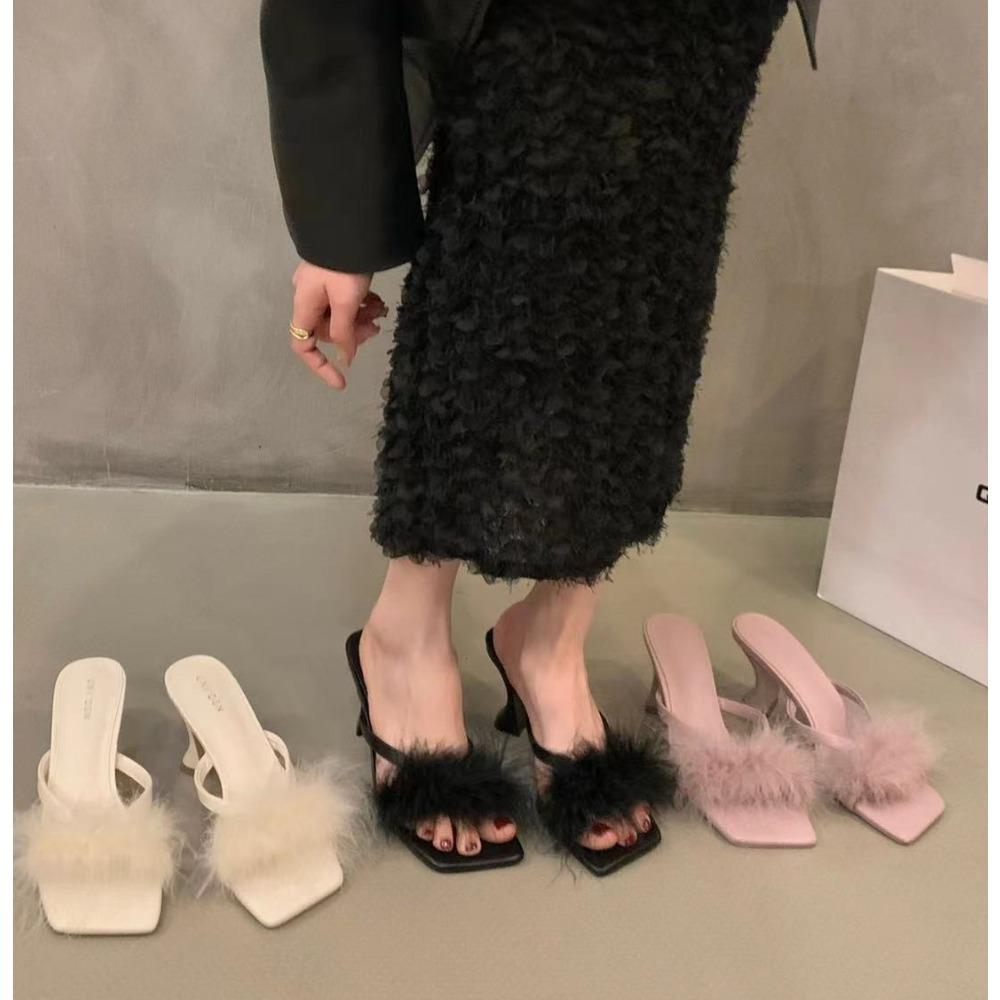 New Summer Transparent High Heels Fur Slippers Women Feather Sandals Peep Toe Mules Pumps Slides Party Shoes Pink