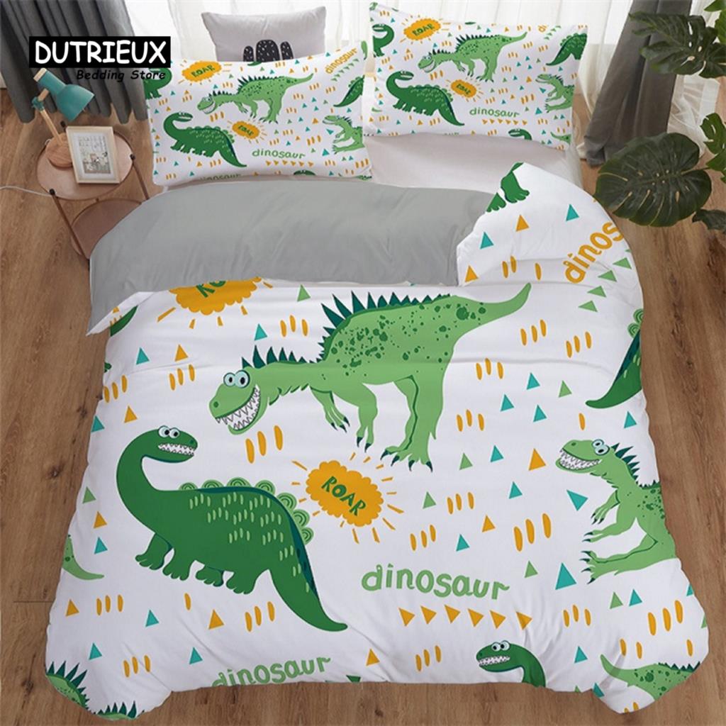 Cartoon Dinosaur Toddler Bedding Set Cartoon Animals Duvet Cover Microfiber Quilt Cover With Pillowcases For Kids Boys Girl Teen