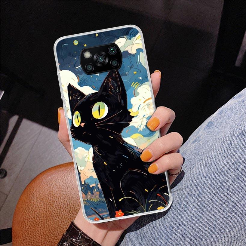 Anime Cute Black Cat Meow Phone Case For Xiaomi Poco X7 X6 X5 Pro F7 Ultra Redmi 15C 15 13C 13 12C 12 10 10A 10C 9 9A 9C 9T Cove