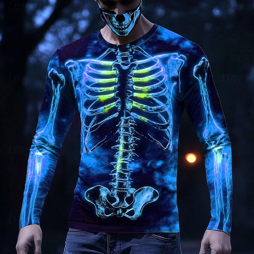 Halloween Skeleton Prints Long Sleeve T-Shirts for Men Gothic Trendy Streetwear Casual Tops Halloween Party T-shirts