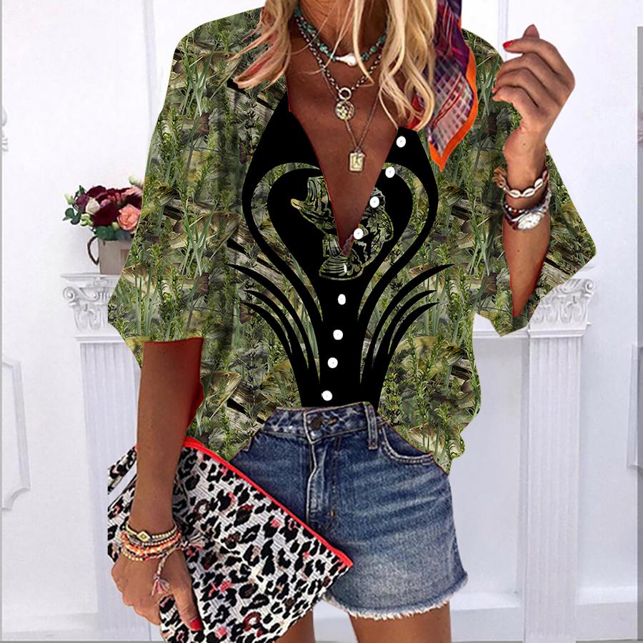 2023 sommer Herbst Neue Mode frauen Tops Liebe Fisch Gedruckt Halbe Hülse Casual Plus Größe Taste-unten Hemd mit Blase Ärmeln