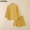 VONDA Two Pieces Women Crochet Hem Buttons Blouse Elastic Waist Shorts Outfits