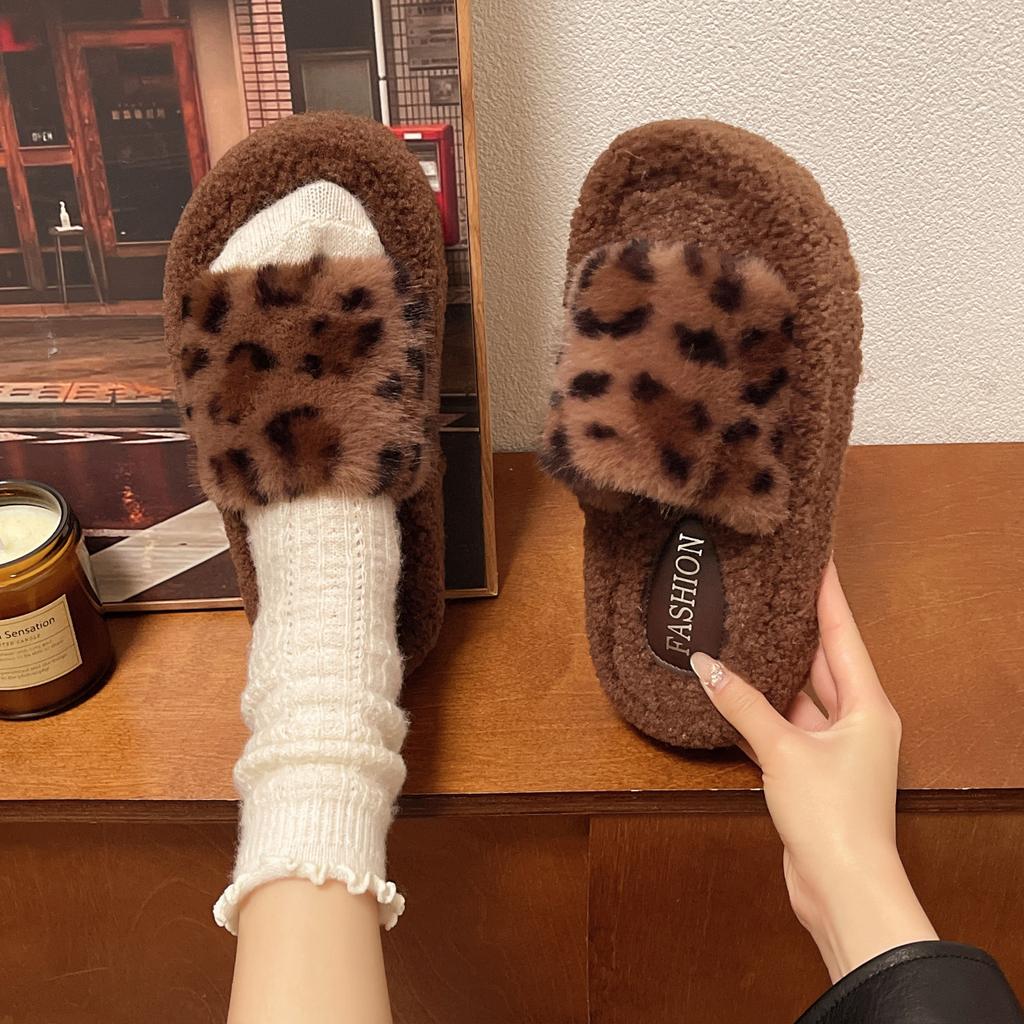 2025 neue Damen flauschige Mop Mode vielseitige Herbst- und Winterkleidung Internet-Berühmtheit koreanische Version flauschiger Leopardenmuster Baumwollpantoffeln