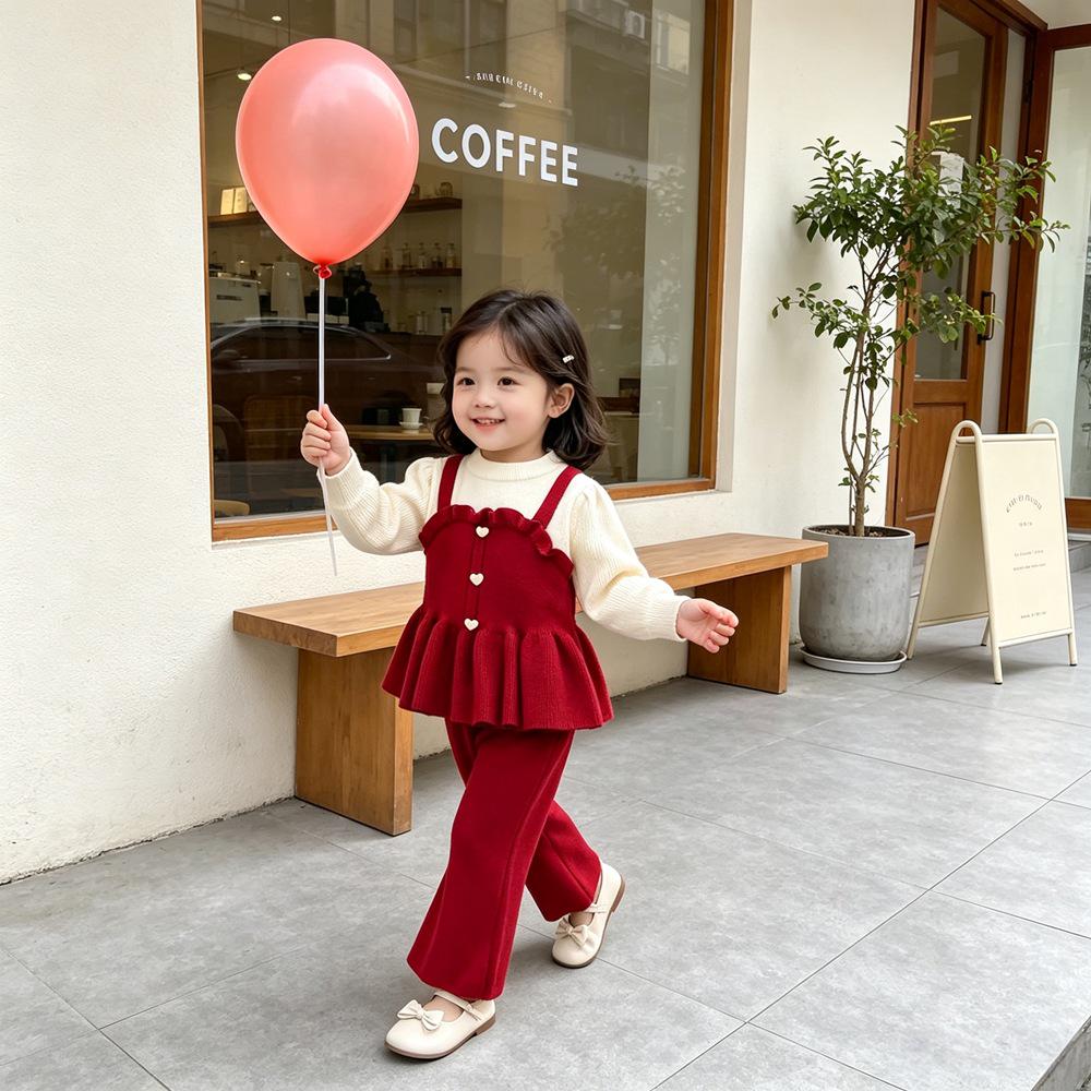 Koreanischer Strick-Zweiteiler für Mädchen: Frühlings-/Herbst-Oberteil- und Hosen-Set für kleine/mittlere Kinder