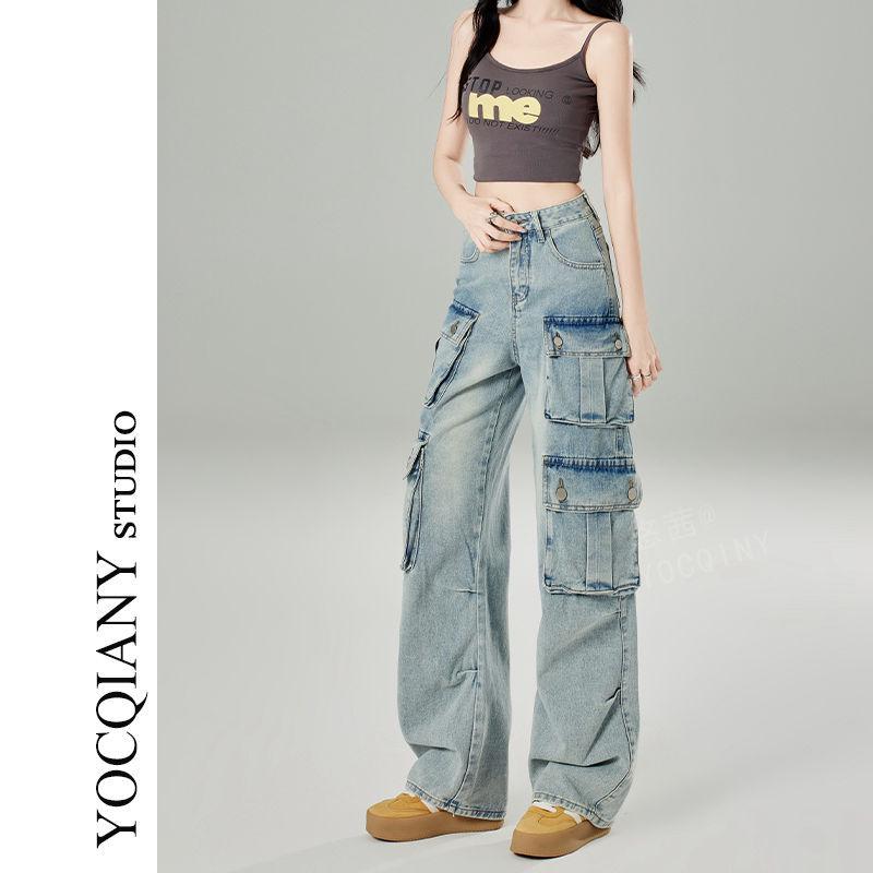 Retro Light Blue Multi-Pocket Cargo Jeans - Washed Wide-Leg Casual Pants for Autumn XL