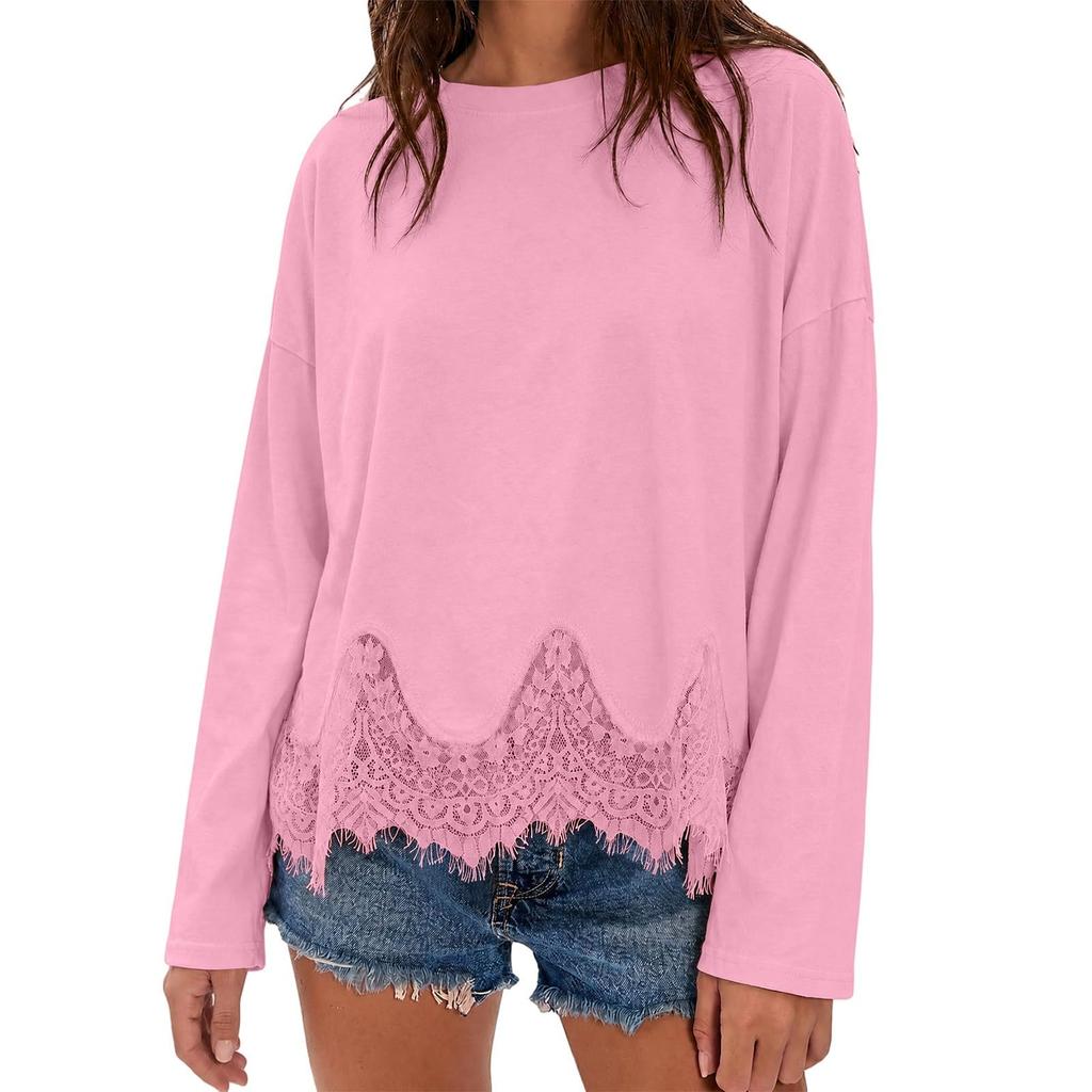 Lace Tops for Women Long Sleeve Crewneck Casual Vacation Boho Tops