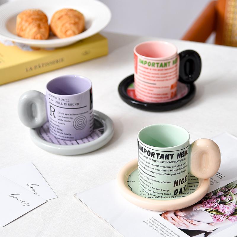 Retro Newspaper European Creative Coffee Cup Saucer Ceramic Afternoon Tea Cup Commercial Milk Cup High End Feeling Small Luxury