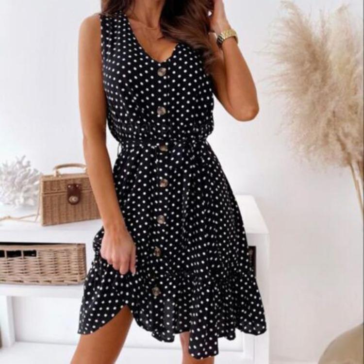 Loose V Neck Casual Ladies Dress Ruffle Hem Breathable for Vacation Female