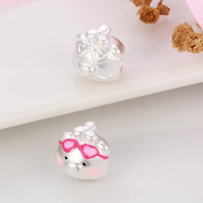 Sterling Silver 999 Lulu Pig Charm: Pure Silver Dragonfly, Bamboo, Braided Rope Beading Accessories, Little Pig Cartoon Luck Bead.