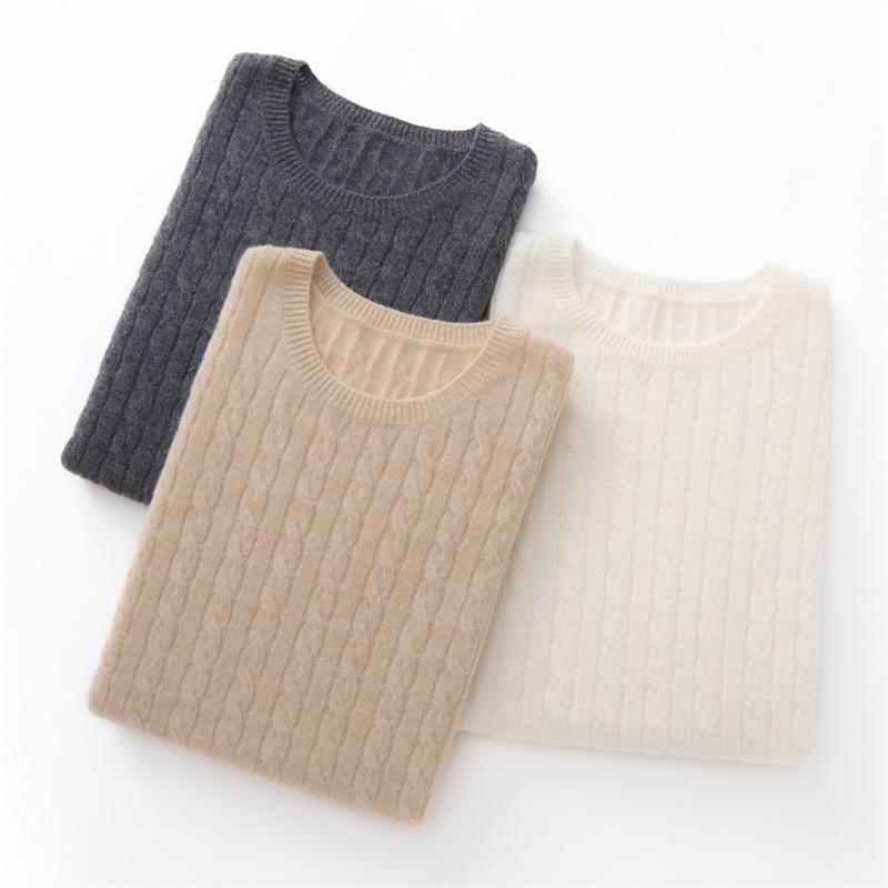 Women's 100% Cashmere Short Sleeve Cable Knit Pullover, Round Neck, Solid Color
