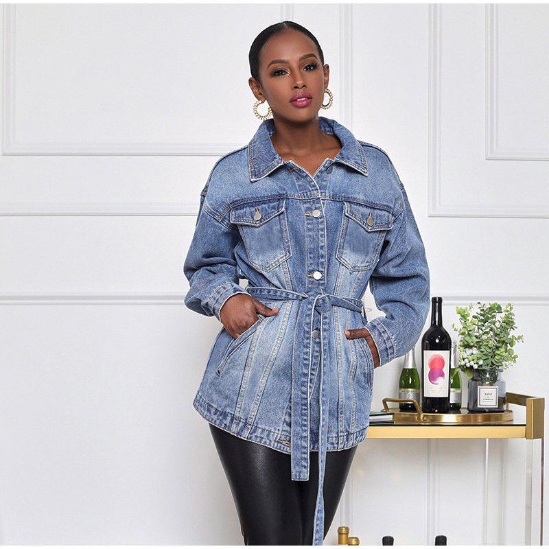 Elegant Lapel Denim Jacket with Belt Women Solid Color Long Sleeve Button Fake Pocket Loose Jacket 2025 Fashion Street Outwear