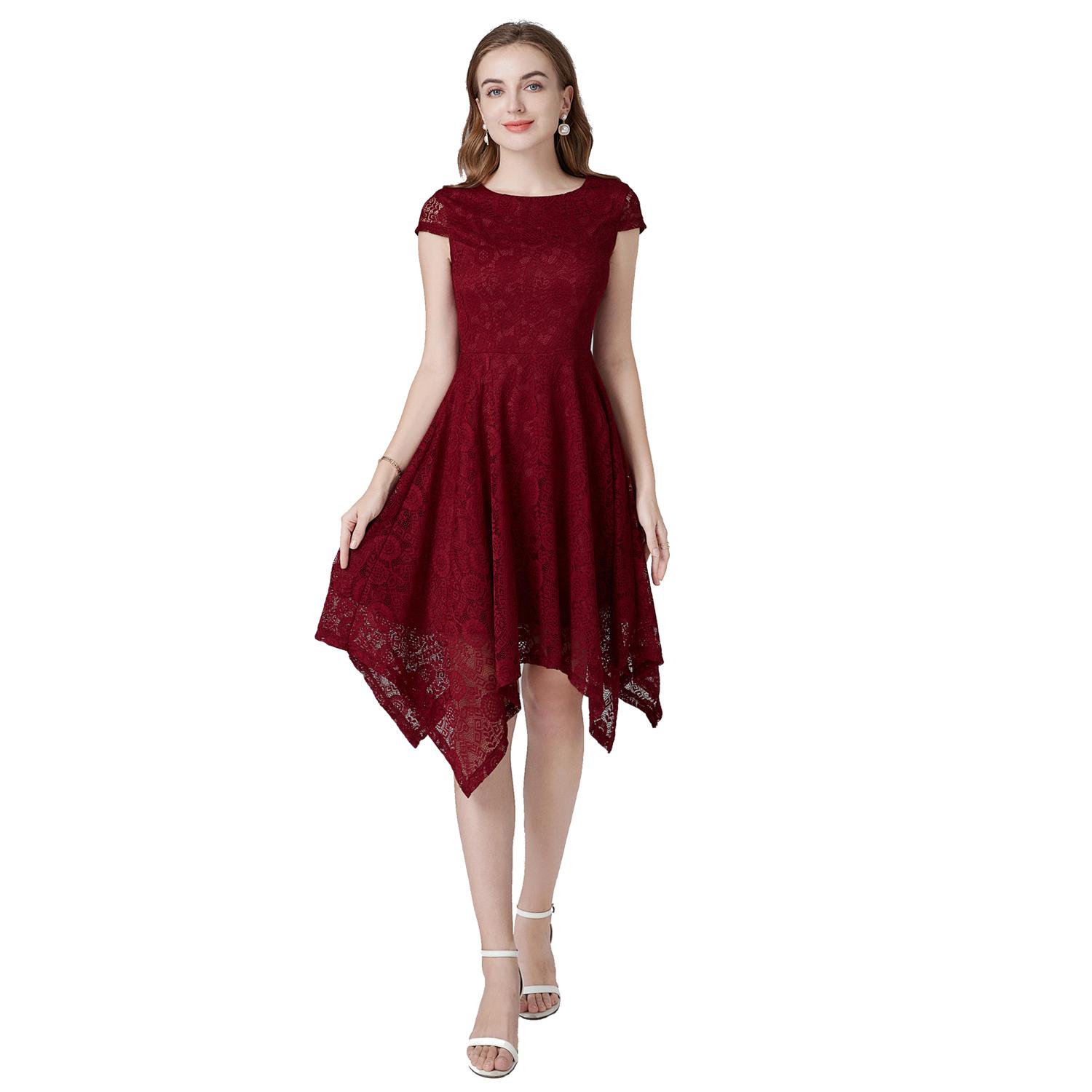 

Женское платье миди Кружевная асимметричная юбка Повседневные платья Женская одежда для выхода в свет Свадебная вечеринка подружки невесты Коктейльный наряд XXL бордовый