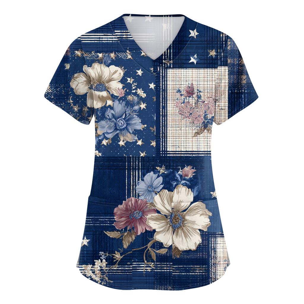 Women's Fashionable V-Neck Short-Sleeved Work Top With Pockets And Independence Day Print  Uniform