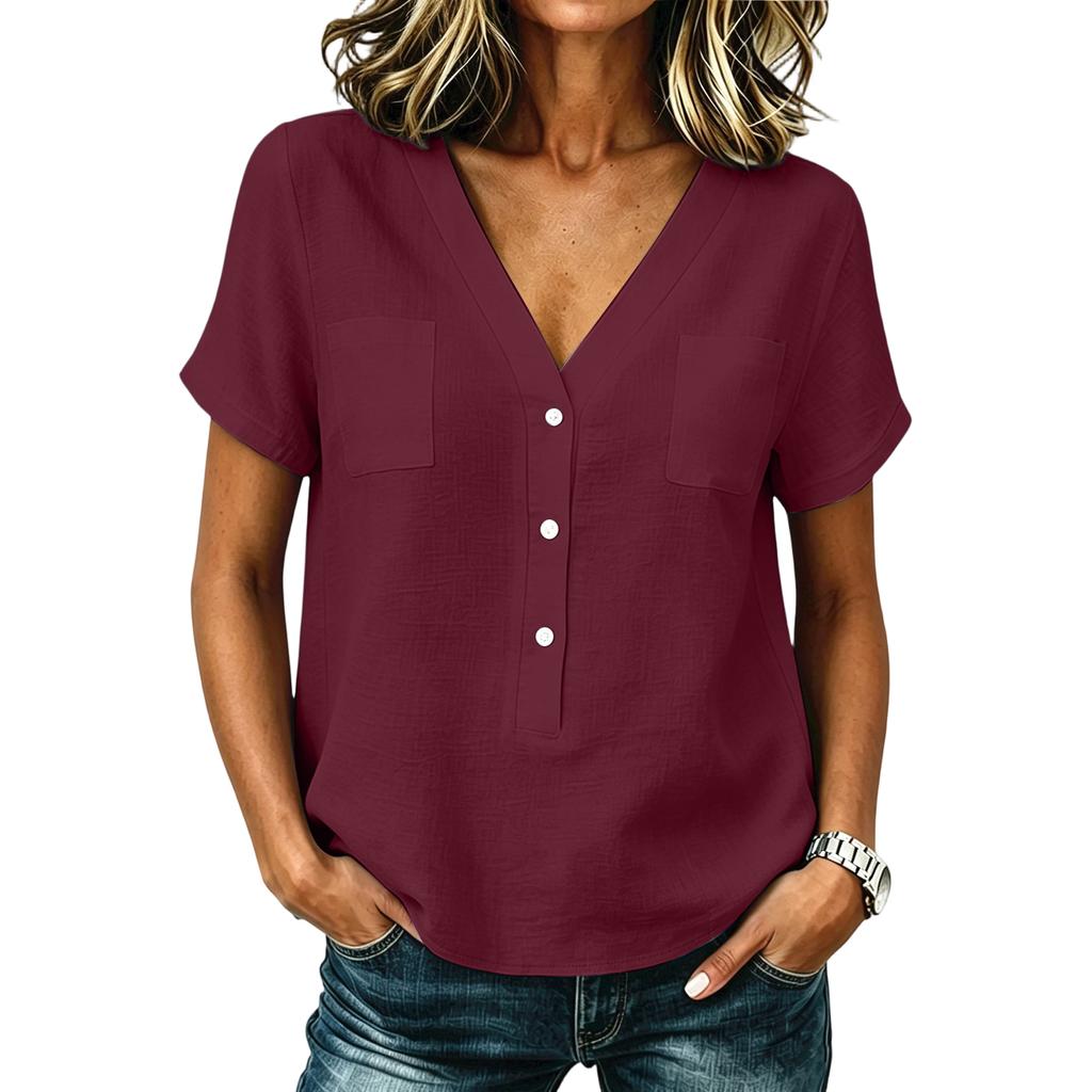 Women Casual V Neck Button Front Top with Pocket Short Sleeve Relaxed Fit Blouse Lightweight Comfortable Fabric