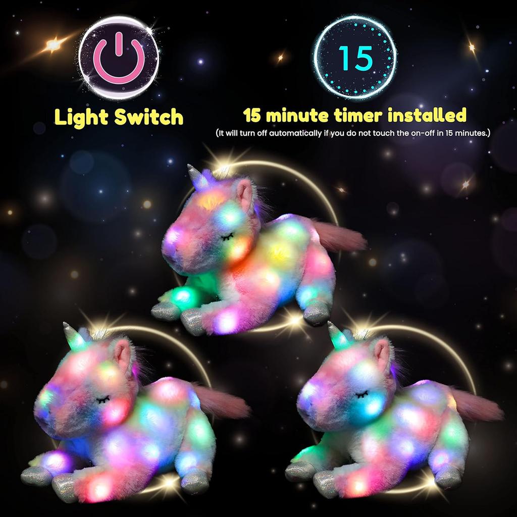 Hopearl LED Plush Unicorn Lighting Up Stuffed Mommy Unicorn with 3 Baby Unicorns In Her Tummy Stuffed Animal Playset Night Lights Glow In The Dark