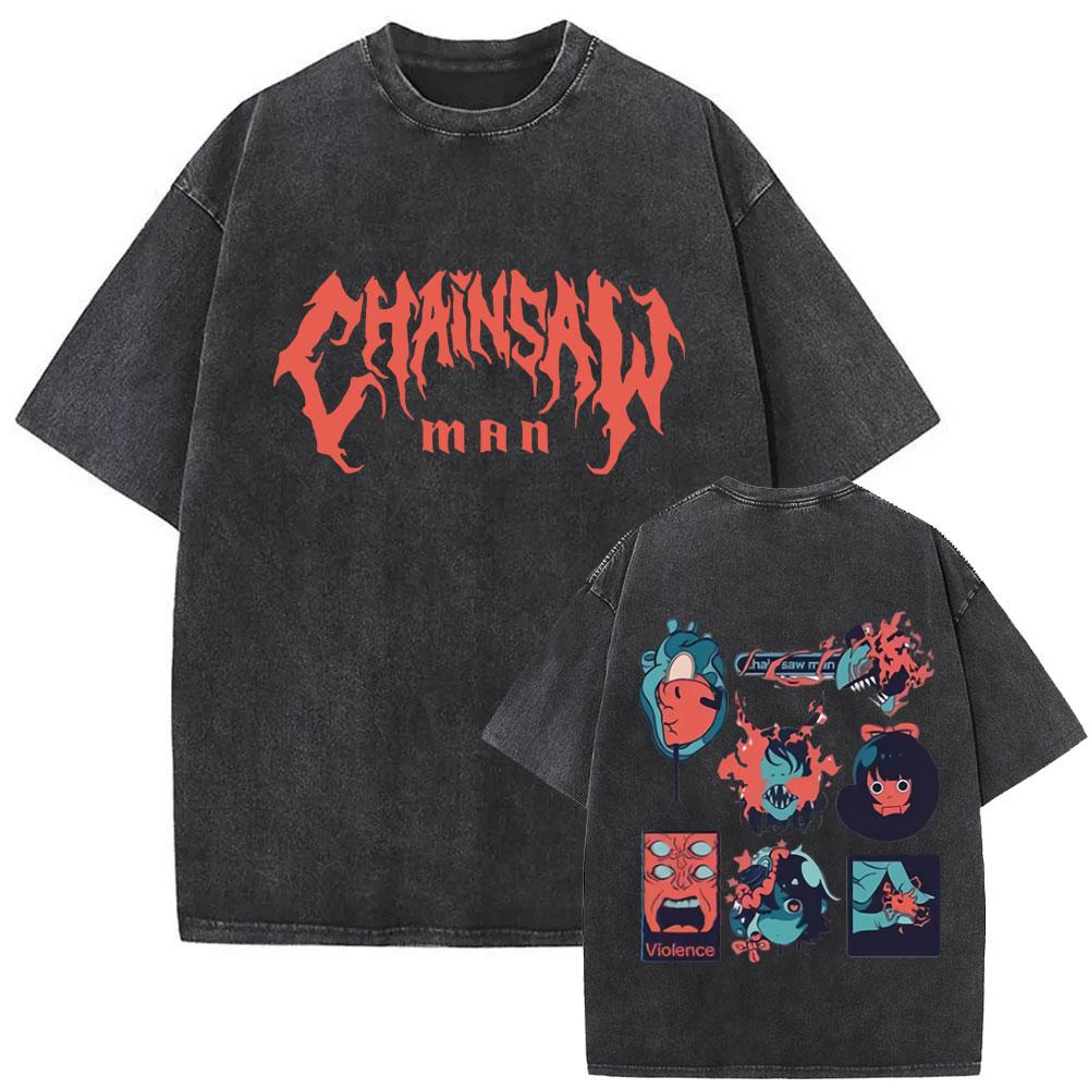 New Washed Vintage Anime Chainsaw Man Himeno Graphic Tshirt Men Women Casual Cotton Retro T Shirts Mens Cartoon Tshirts