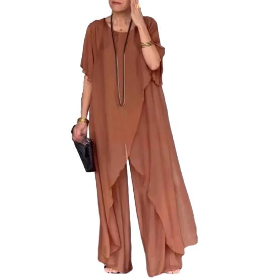 2Pcs/Set Women Casual Outfit Round Neck Long Sleeve Irregular Hem Tops Elastic Waist Long Pants Set Solid Color Outfit