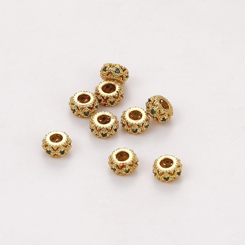 Gold-Plated Zircon-Inlaid Lace Drum Beads: Hollow Large Hole Spacers for DIY Necklaces