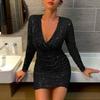 2024 Fall and Winter New European Beauty Sexy Pleated V-neck Hip Short Fashionable Sequins Long Sleeves Dress Dress Dress Dress