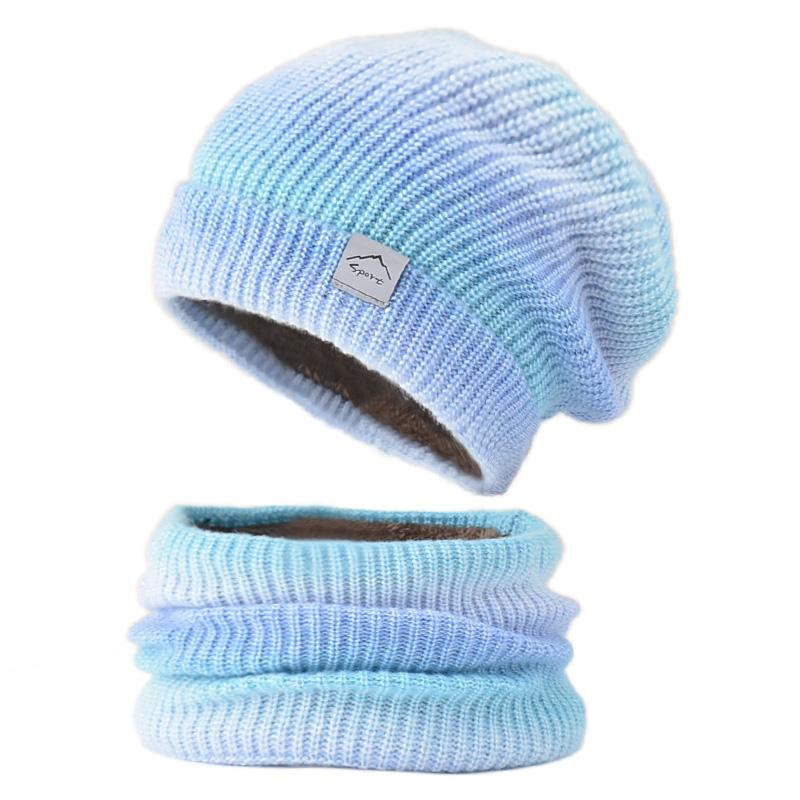 WTEMPO Autumn Winter Gradient Color Couple Knitted Scarf + Hat Set Thickened Warm Ear Protection Cold Resistant Knitted Hat Two-piece Set