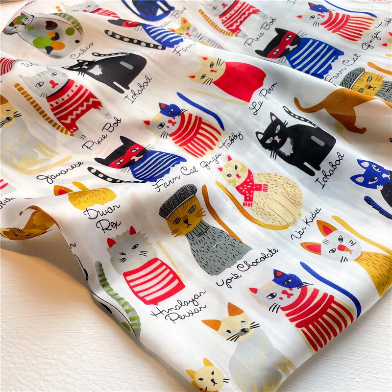 New Women's Cute Kitten Faux Silk Scarf - 70cm Square Shawl, Thin and Lightweight